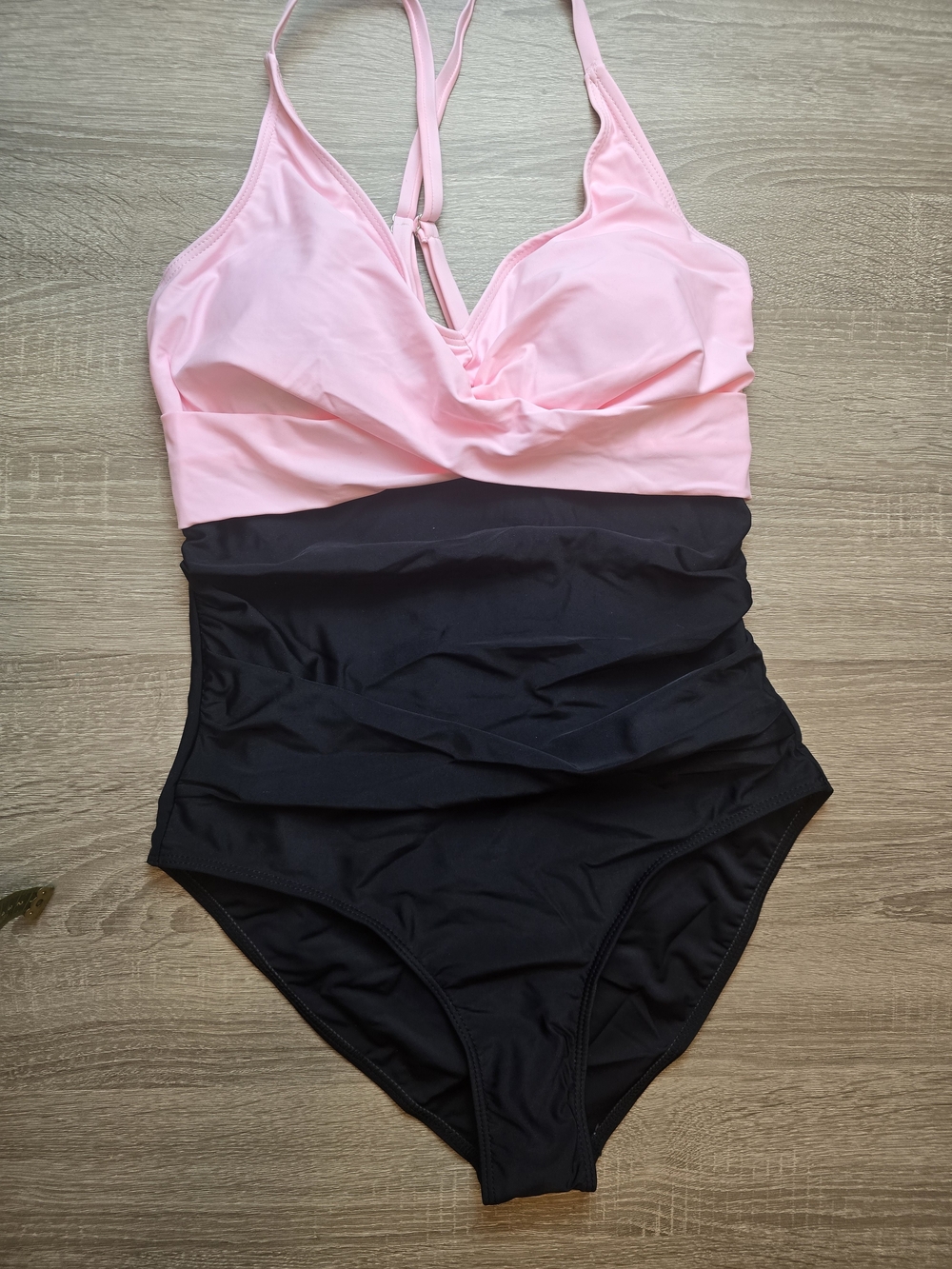 Two-Tone Pink and Black One-Piece Swimsuit with V-Neck
